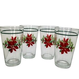 Gibson POINSETTIA HOLIDAY 16-oz Glass Tumbler (s) LOT OF 4 Christmas Holly Berry